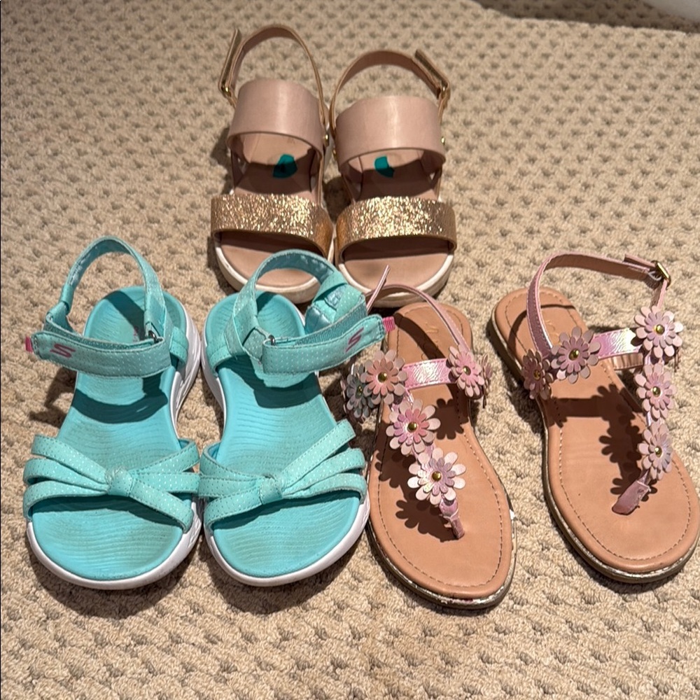 3 pairs Girls Sandals - Teal, Rose Gold, and Pink